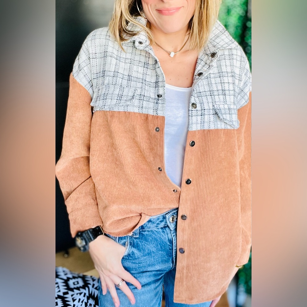 Plaid and Tan Corduroy Women's Shacket